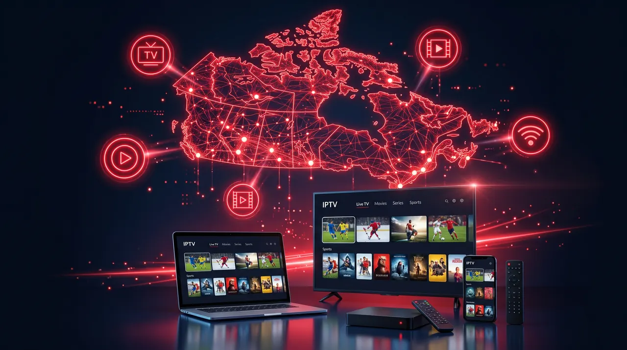 IPTV app with live TV, movies, series and sports on a smart TV, laptop, phone and streaming box